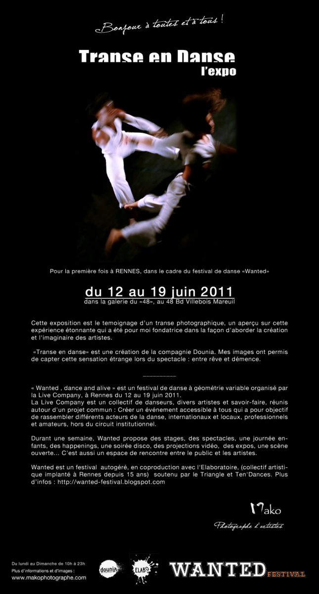 "Transe en danse, l'expo" du 13 au 19 juin au "48", 48 Bd Villebois Mareuil à RENNES